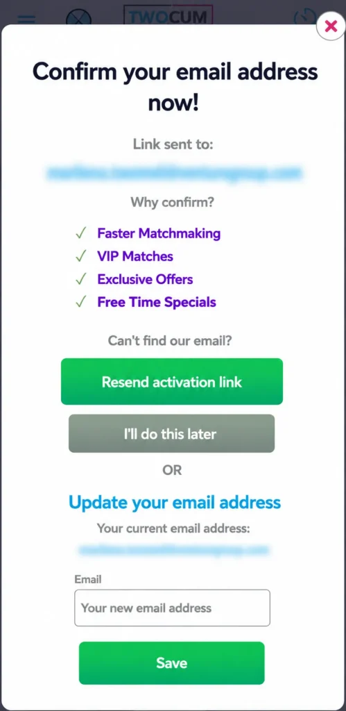 email confirmation step on TwoCum