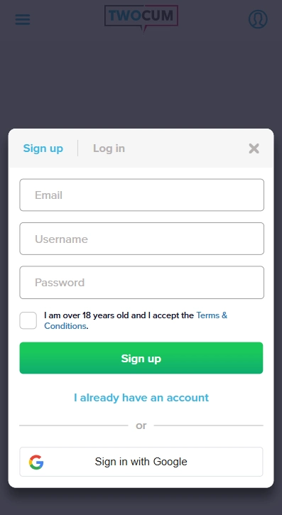 the sign up form on TwoCum