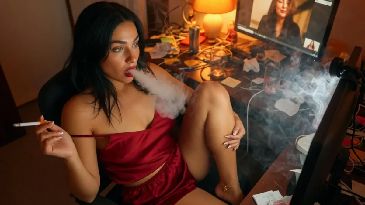 smoking cam girl 18+ chilling on her PC