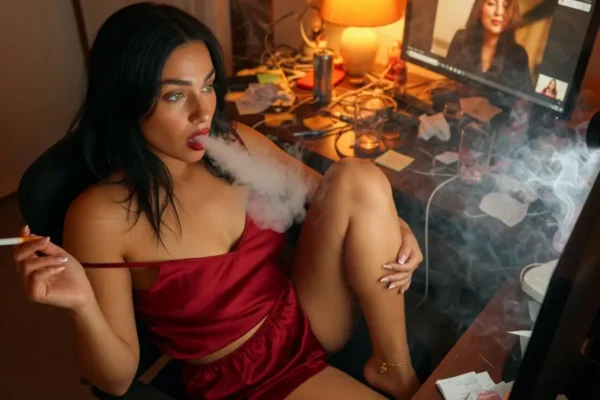 smoking cam girl 18+ chilling on her PC