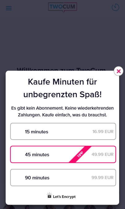 TwoCum Pop-up-Fenster für den Minutenkauf ohne Abo und ohne wiederkehrende Zahlungen mit Paketoptionen