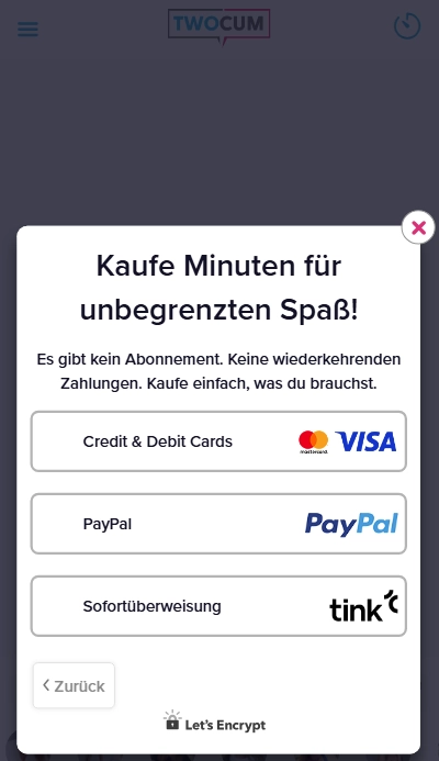 Verfügbare Zahlungsmethoden auf TwoCum Kreditkarte, PayPal und Sofortüberweisung via Tink
